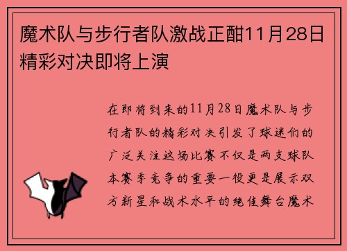 魔术队与步行者队激战正酣11月28日精彩对决即将上演